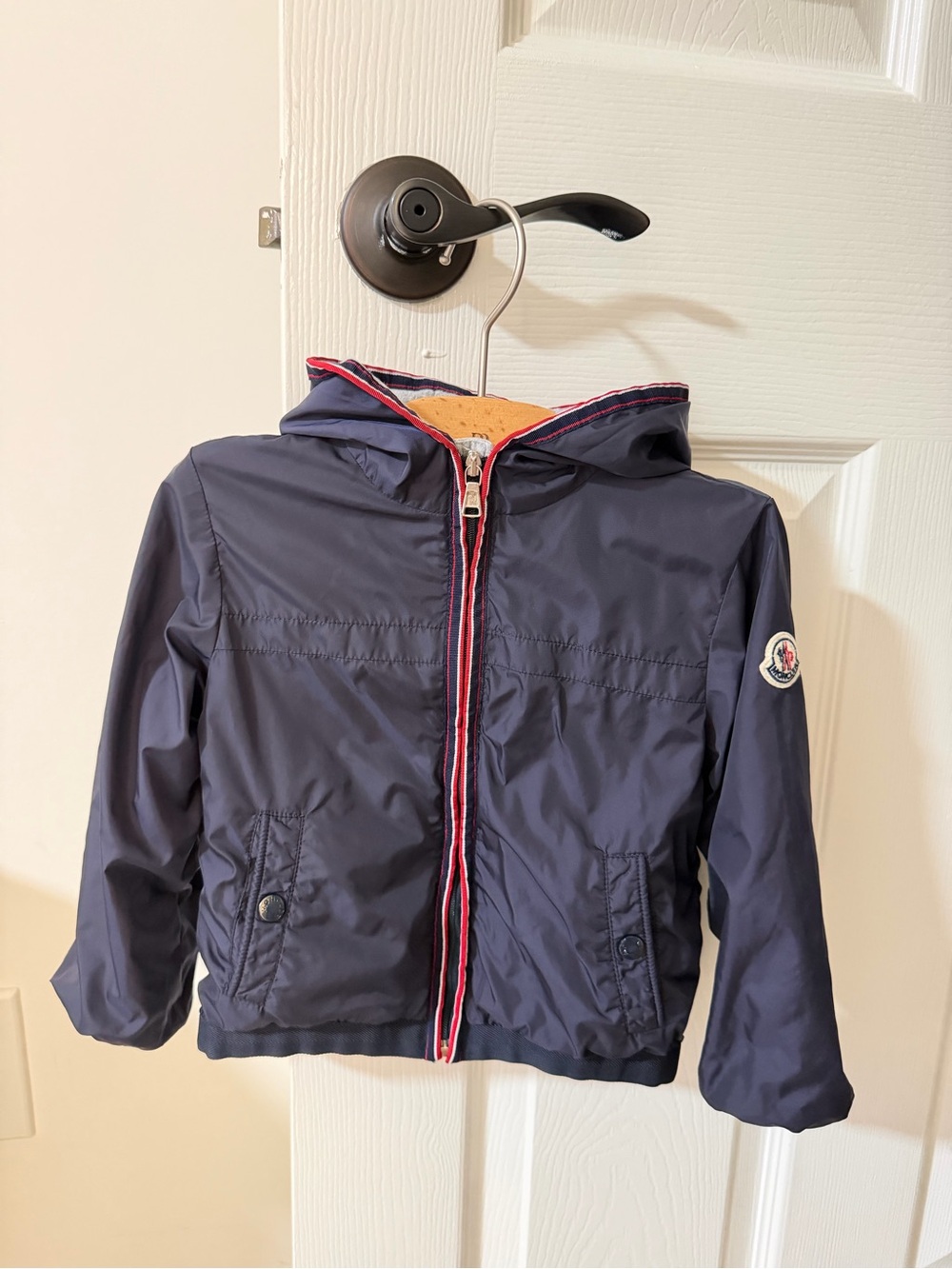 Moncler Kids Navy Hooded Raincoat with Red & White Trim